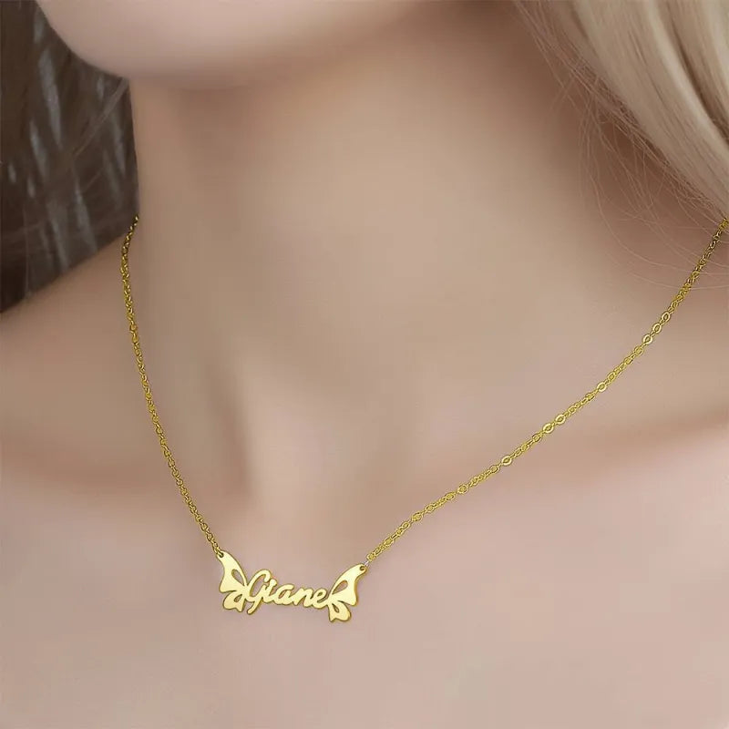 Personalized Name 14K Gold Butterfly Necklace Valentines Gift For Her