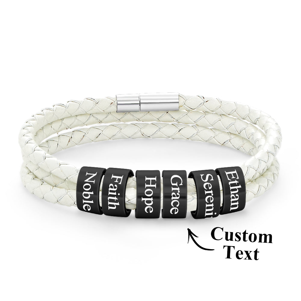 Men Braided Leather Bracelet with Small Custom Balck Beads