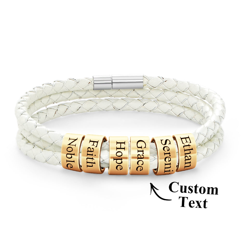 Men Braided Leather Bracelet with Small Custom Gold Beads