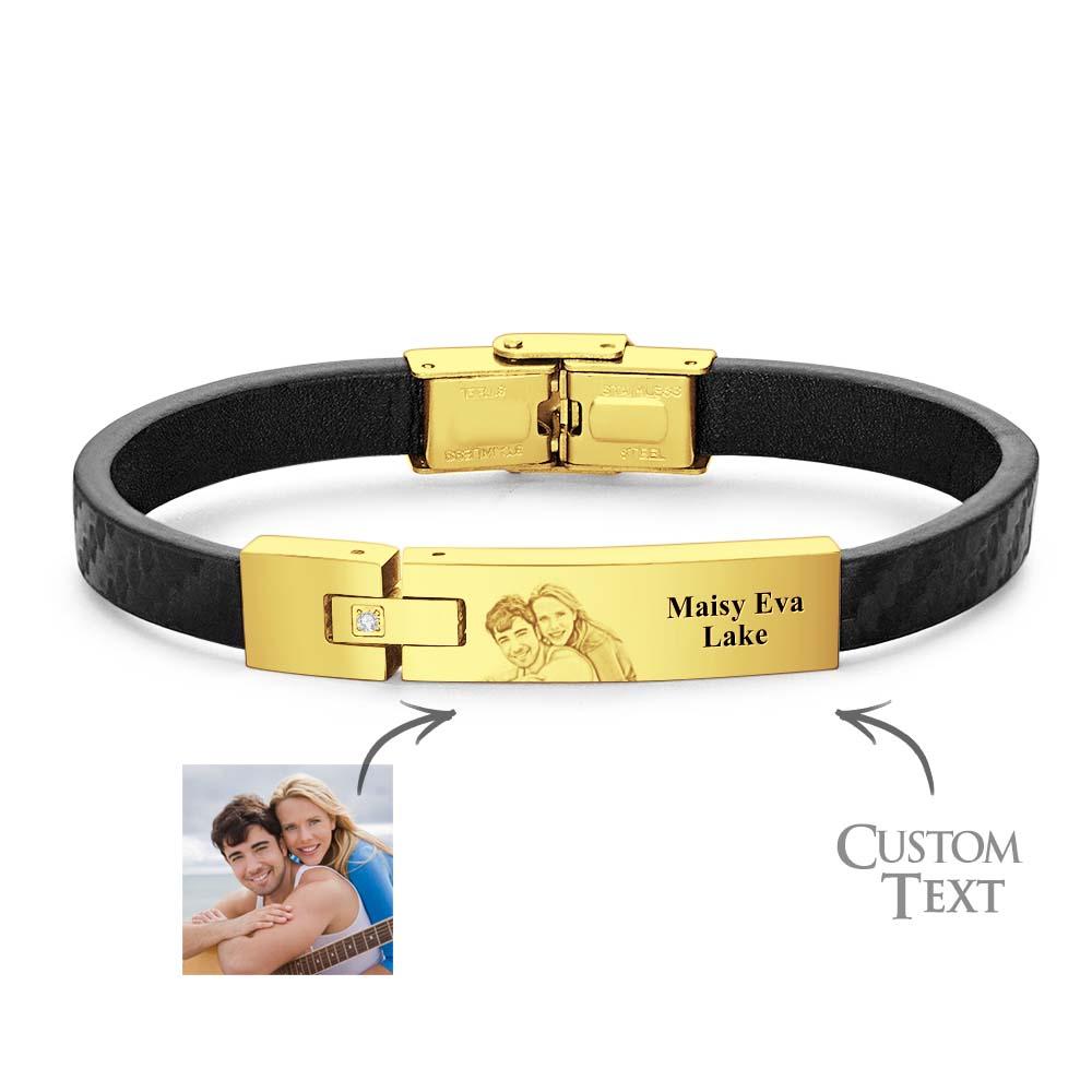 Custom Leather Bracelet Personalized Name and Photo Stainless Steel Bracelet Father's Day Gift