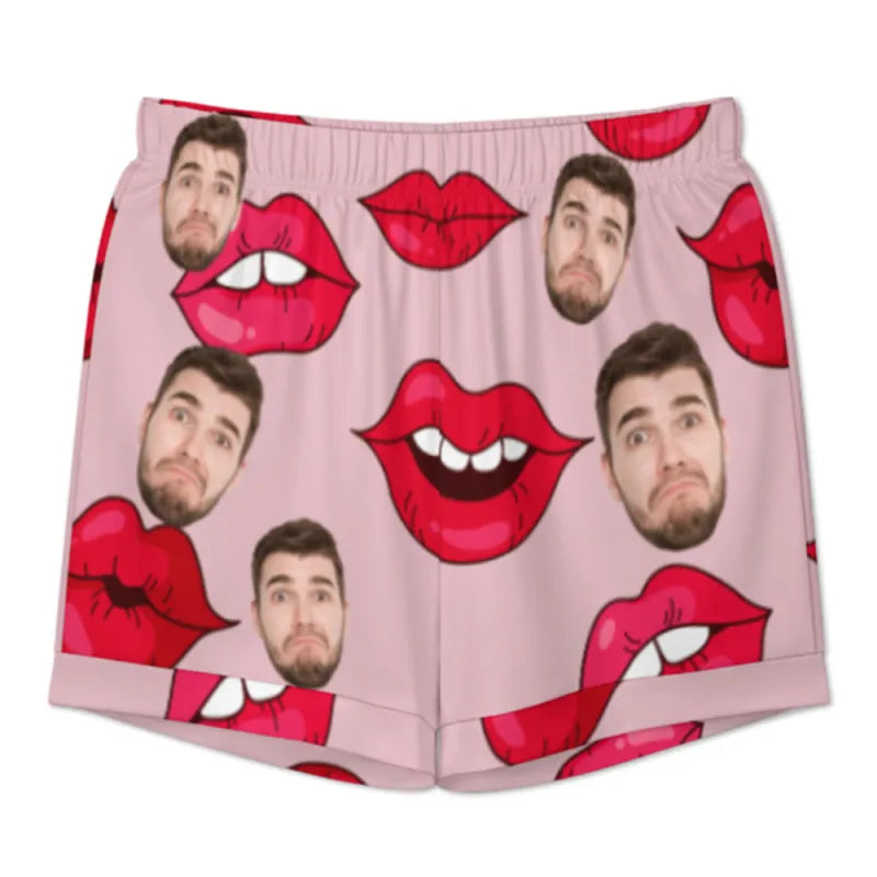 Custom Face Short Sleeve Pajama with Red Lips Prints Valentine's Day Gift for Her