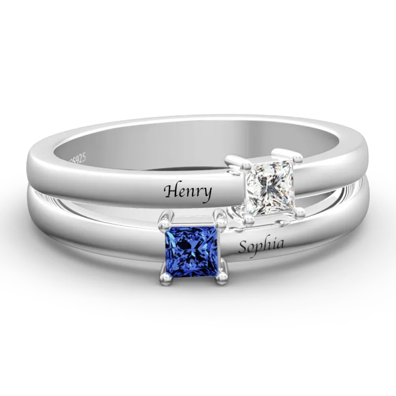 Personalized Two Names Birthstone Promise Silver Ring Wedding Gift Anniversary Gift Birthday Gift Valentines Gift
