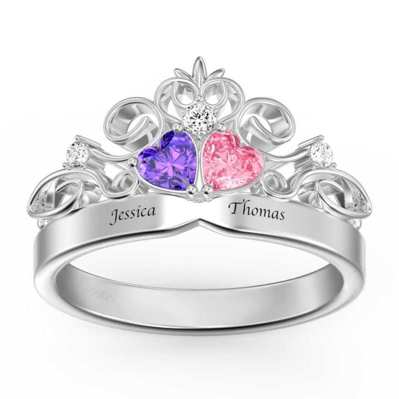 Personalized Heart Birthstone Crown Princess Promise Ring with Engraving Name Wedding Gift Valentines Gift