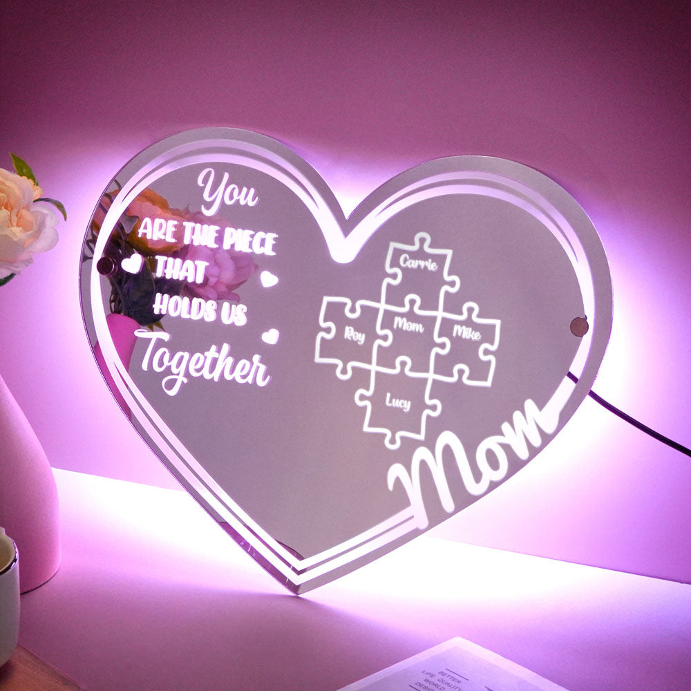 Personalized Mom You Are the Piece That Holds Us Together Mirror Light Puzzle Piece Sign Mother's Day Gifts