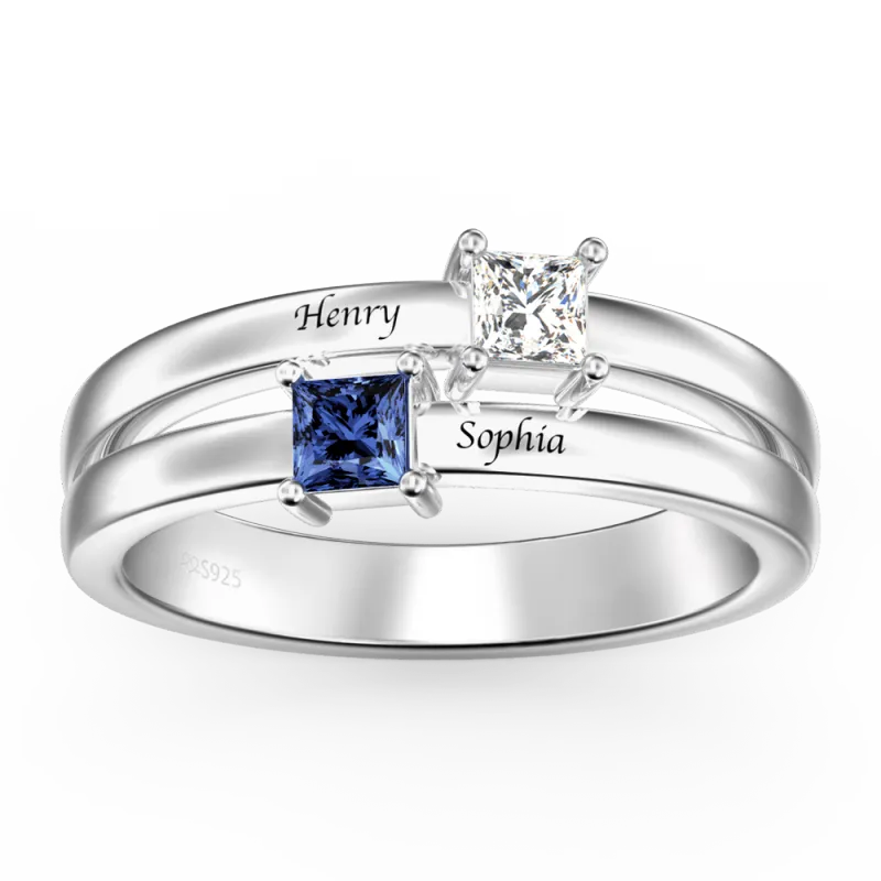 Personalized Two Names Birthstone Promise Silver Ring Wedding Gift Anniversary Gift Birthday Gift Valentines Gift