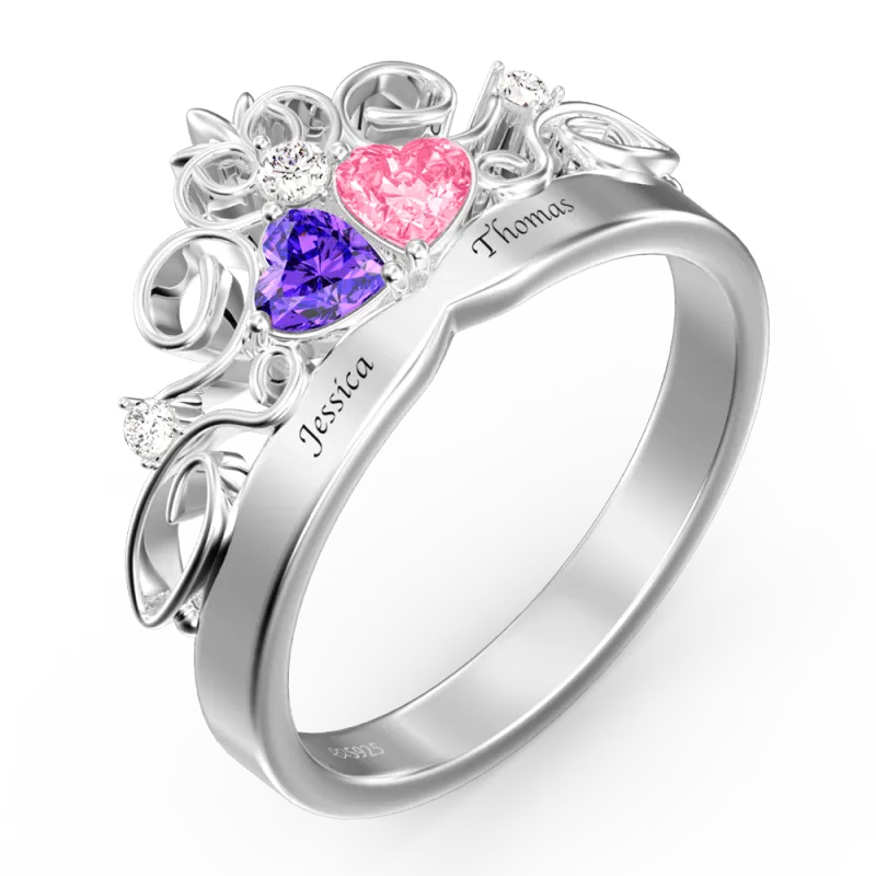 Personalized Heart Birthstone Crown Princess Promise Ring with Engraving Name Wedding Gift Valentines Gift