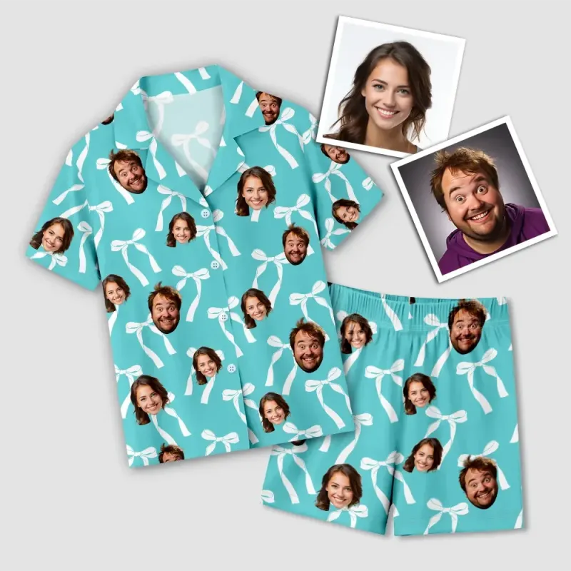 Custom 2 Faces Short Sleeve Pajama with Bowknot Pattern Prints Valentine's Day Gift for Her