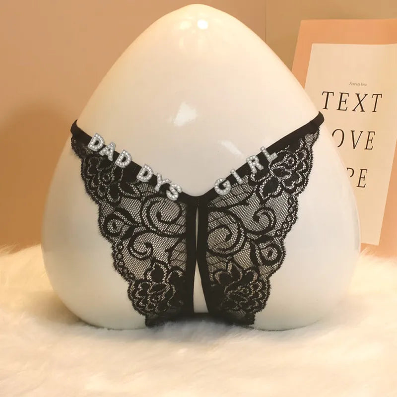 Custom Lace Sexy Panty with jewelry Crystal Letter Name Open Cut Thong Underpants Women's Underwear Valentines Gift