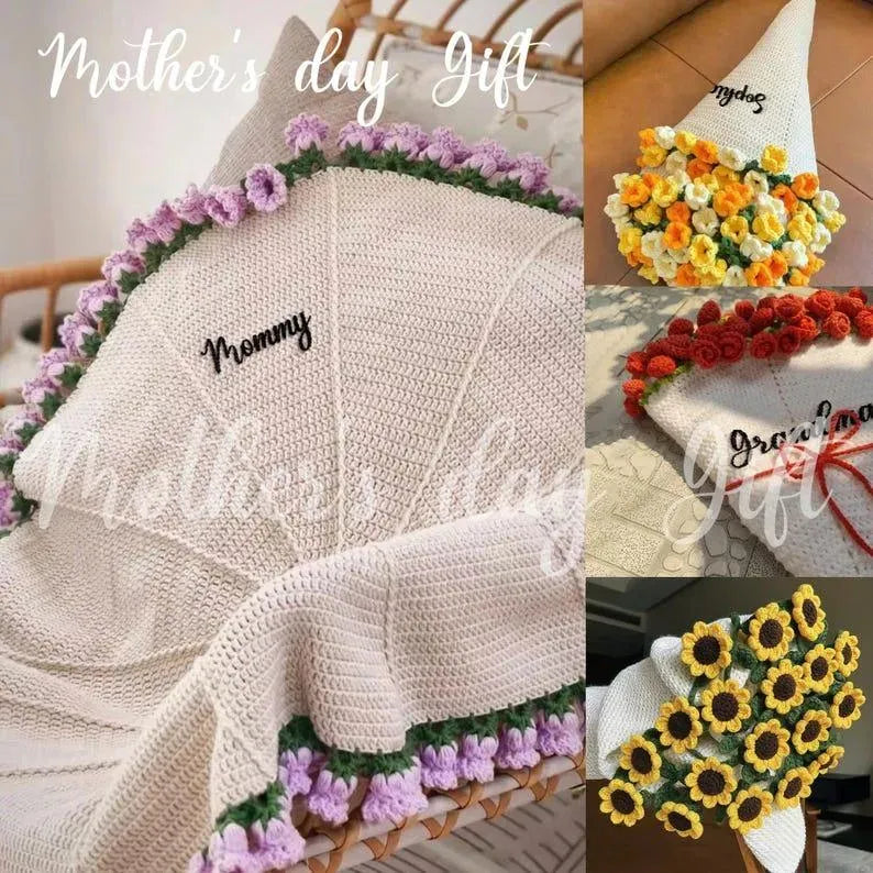 Custom Name Hand-Knitted Rose Blanket Ready-Made Gift for Mother's Day 80cm - 150cm