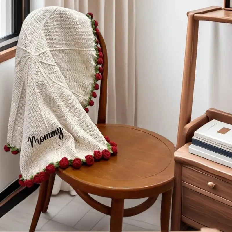 Custom Name Hand-Knitted Rose Blanket Ready-Made Gift for Mother's Day 80cm - 150cm