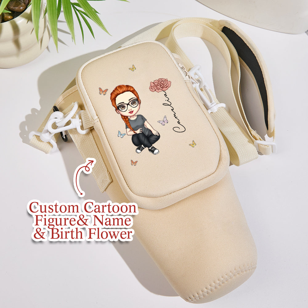 Personalized Cartoon Birth Flower Waterproof Bottle Carrier Bag for 40oz Stanley Tumbler Gift for Her
