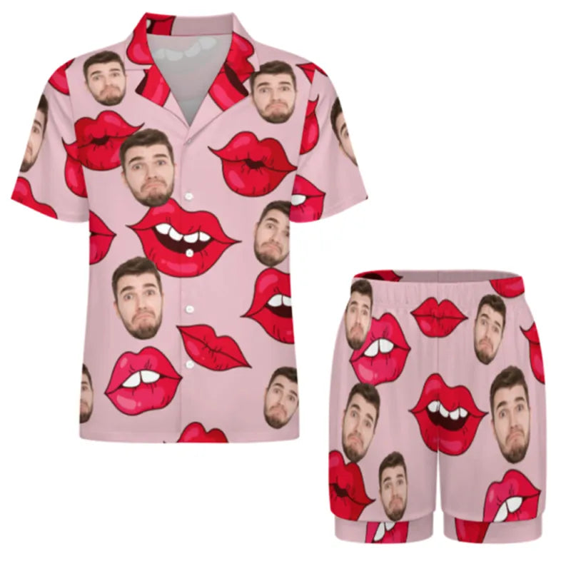 Custom Face Short Sleeve Pajama with Red Lips Prints Valentine's Day Gift for Her