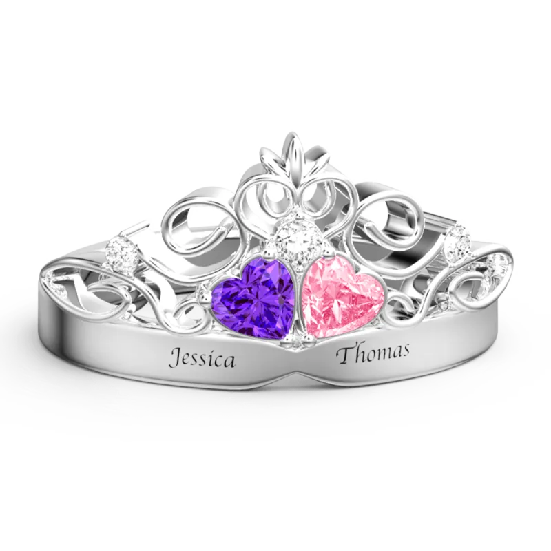 Personalized Heart Birthstone Crown Princess Promise Ring with Engraving Name Wedding Gift Valentines Gift
