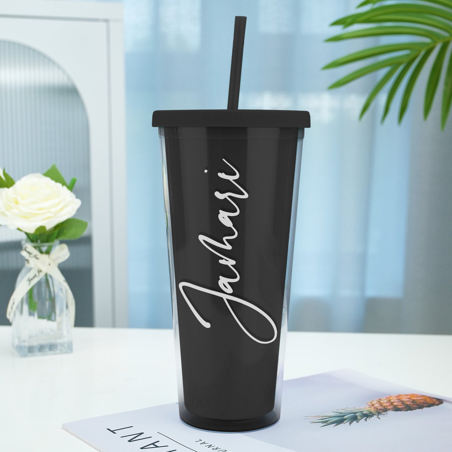 Personalized Name Black Plastic Tumbler with Straw – Back to School & Teacher’s Day Gift