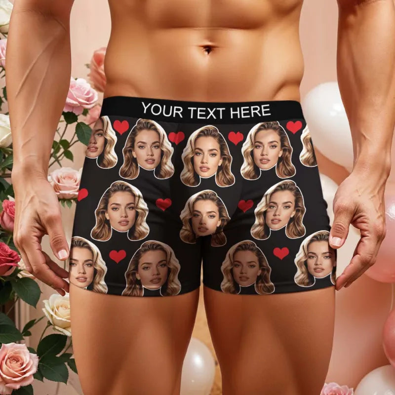 Personalized Face Boxer Custom Text Men Underwear with Heart Pattern Christmas Gift Personalized Photo Funny Valentines Gift
