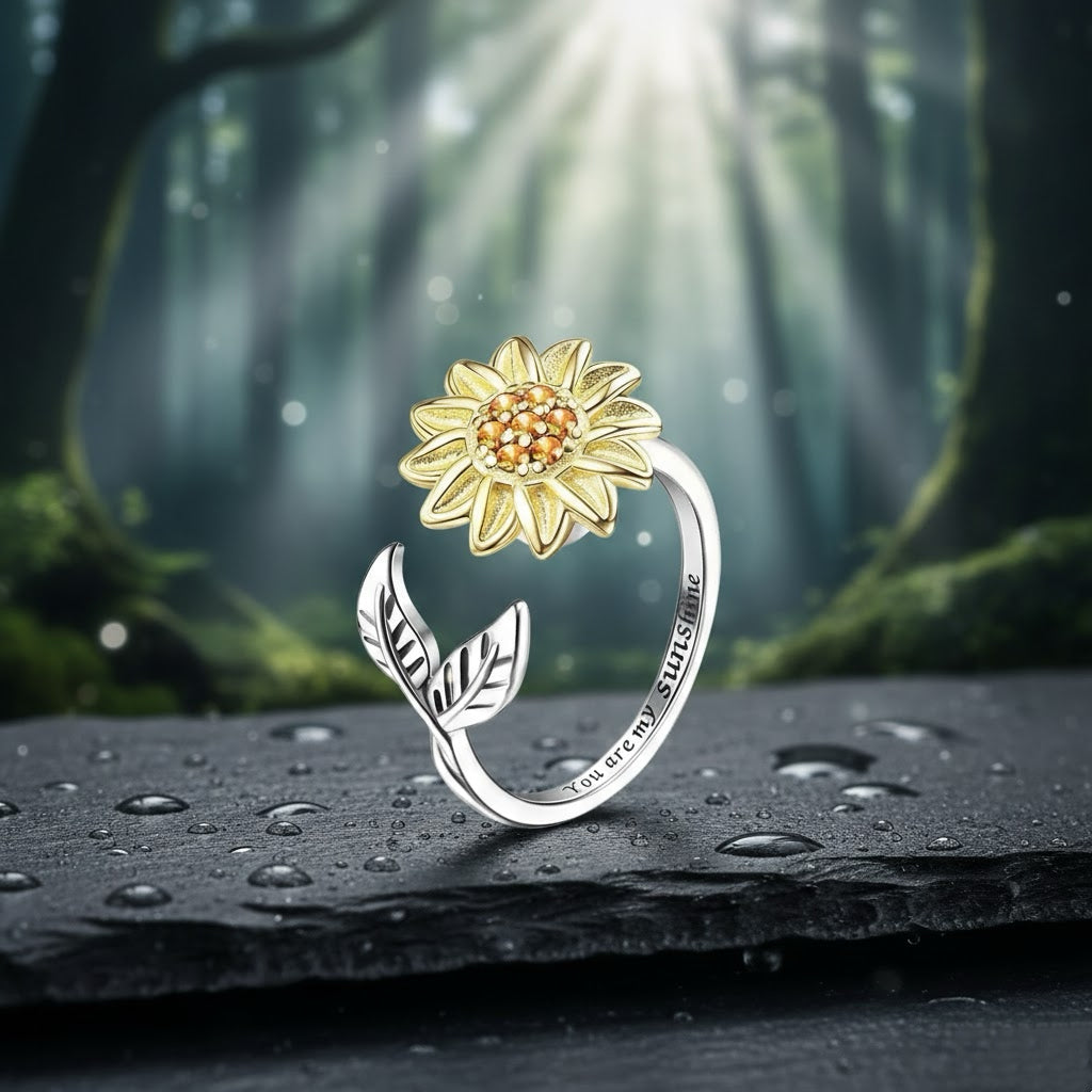 Sunflower Fidget Ring – Adjustable Stress Relief Ring Jewelry Gift for Him/Her