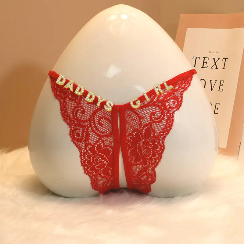 Custom Lace Sexy Panty with jewelry Crystal Letter Name Open Cut Thong Underpants Women's Underwear Valentines Gift