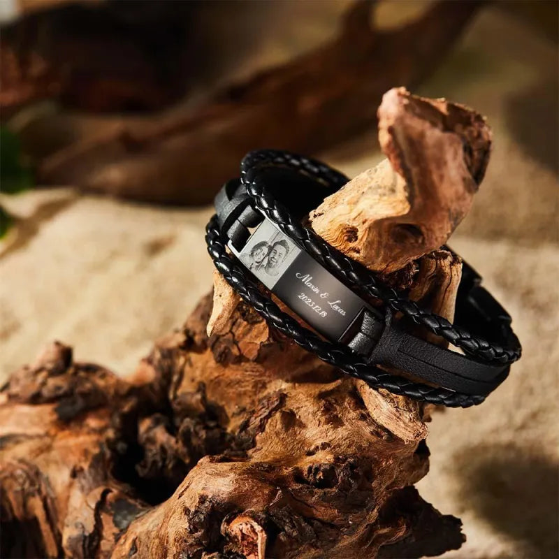 Custom Photo Men's Bracelet PU Leather Engraved Name and Date Men's Bracelet Best Valentine's Day Gift for Him