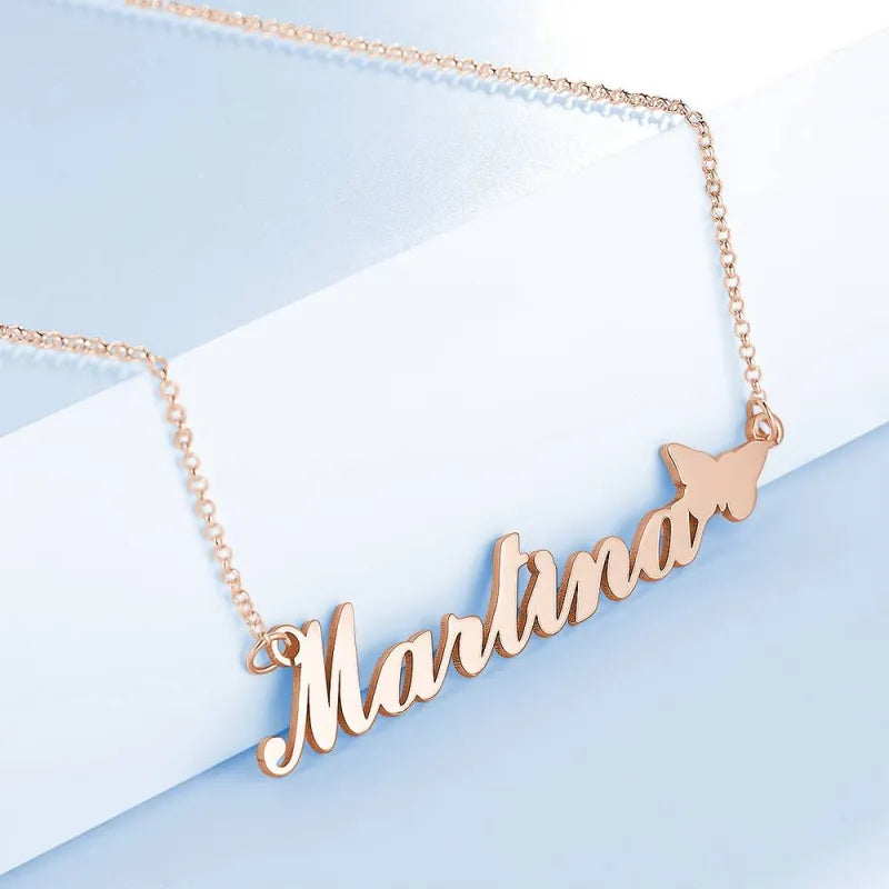 Custom Name 14K Gold Plated Necklace with Cute Butterfly Perfect Valentines Gift for Girlfriend