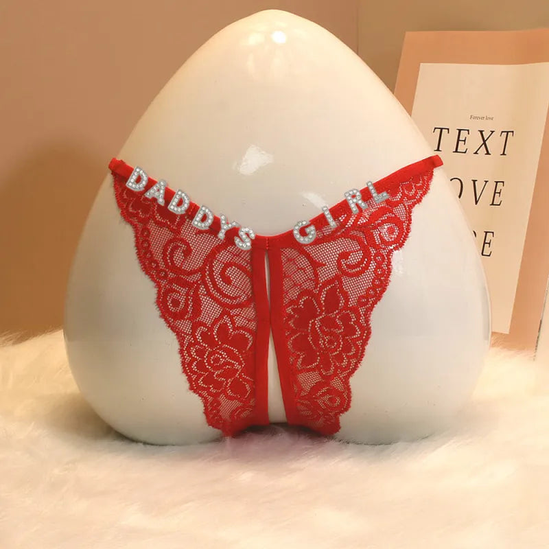 Custom Lace Sexy Panty with jewelry Crystal Letter Name Open Cut Thong Underpants Women's Underwear Valentines Gift