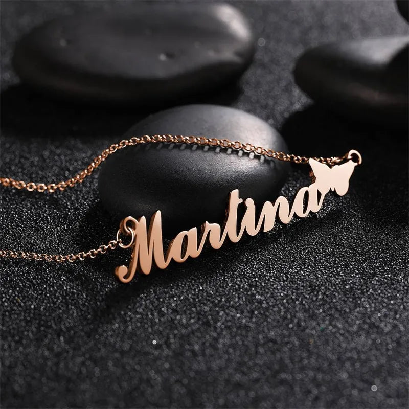 Custom Name 14K Gold Plated Necklace with Cute Butterfly Perfect Valentines Gift for Girlfriend