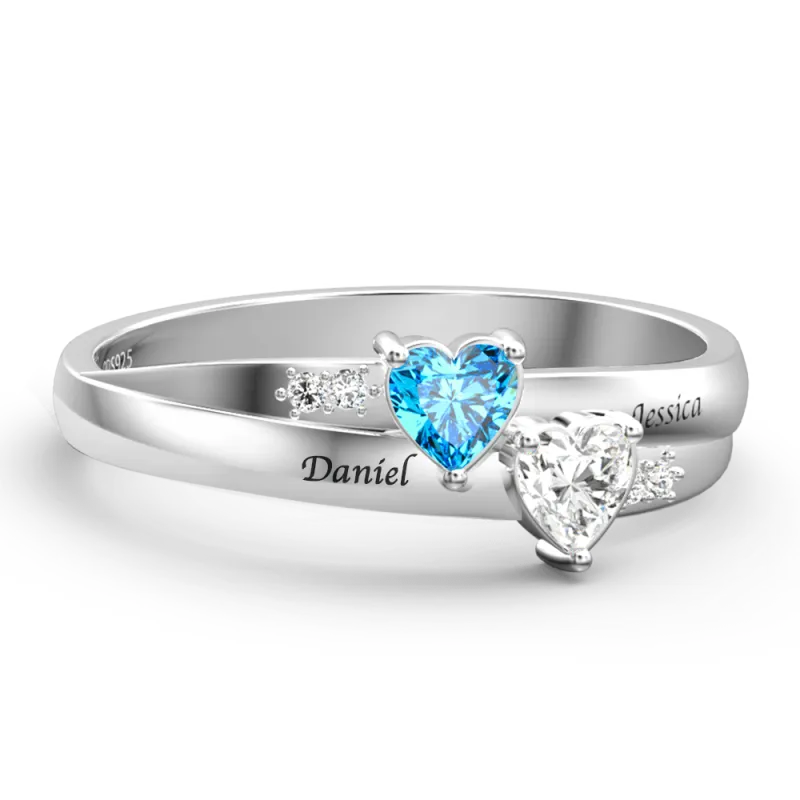 Custom Engraved Names Double Heart Birthstone Silver Promise Ring Wedding Gift Anniversary Gift Birthday Gift Valentines Gift