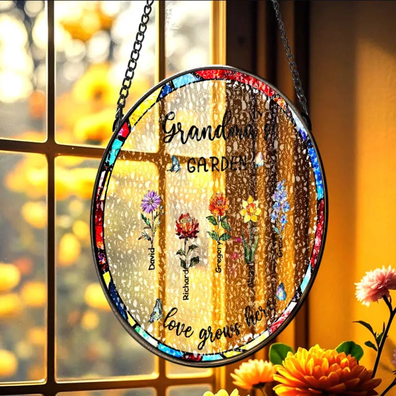 Personalized Birth Flower Glass Suncatcher with Child Name Grandma's Garden Window Hanging Gift for Grandmother