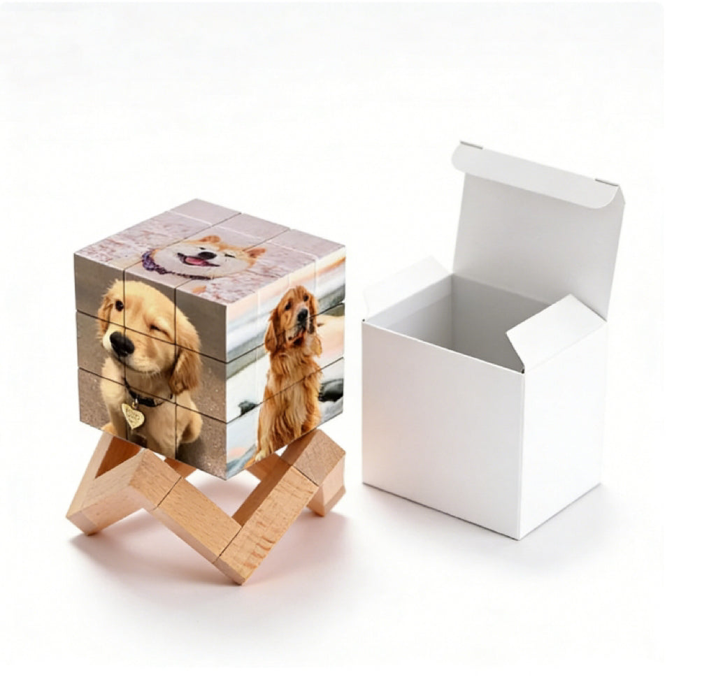 Personalised Magic Cube Picture Cube Gift For Dad With Wooden Rubic's Cube Bracket