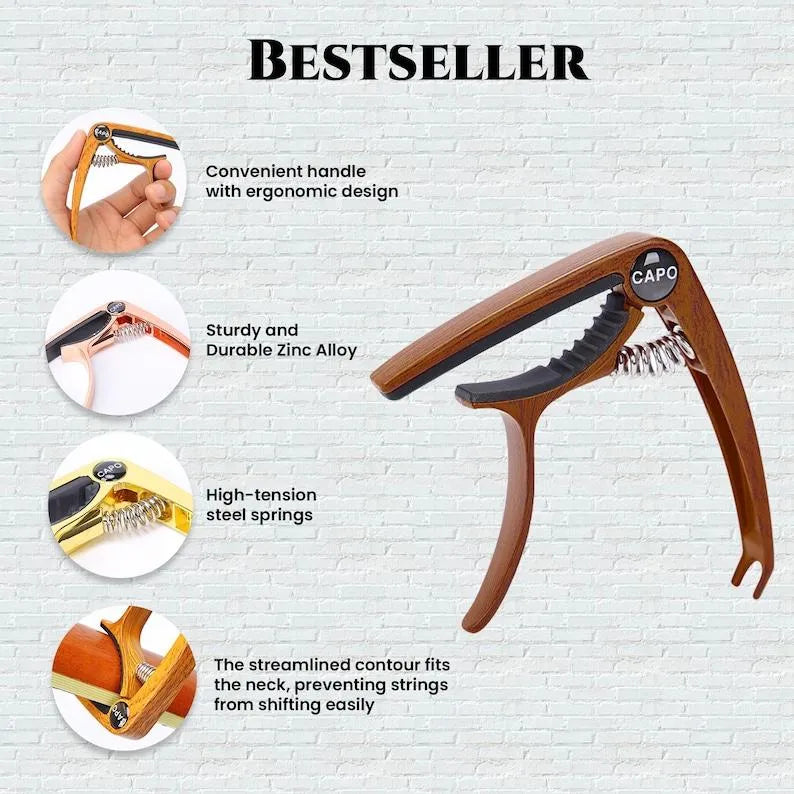 Personalized Metal Guitar Capo with Wood Grain Custom Message Engraved Guitar Pick Birthday Gift Father's Days Gift for Guitarists