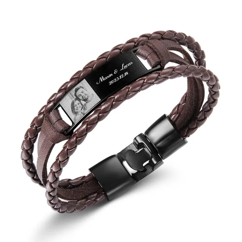 Custom Photo Men's Bracelet PU Leather Engraved Name and Date Men's Bracelet Best Valentine's Day Gift for Him