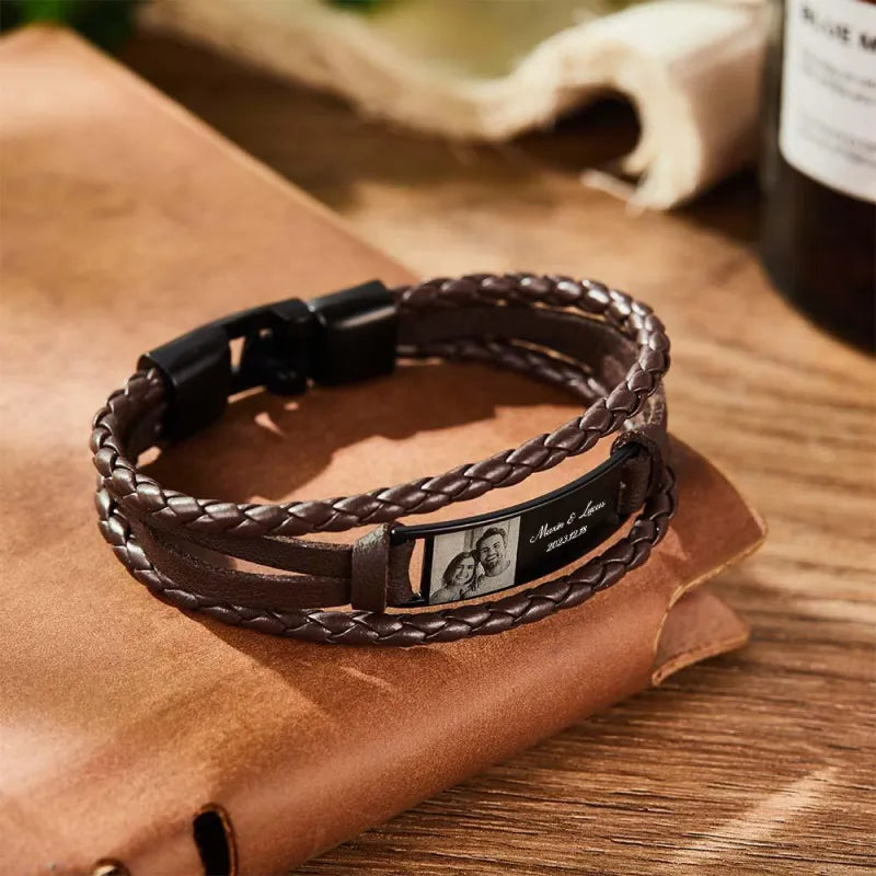 Custom Photo Men's Bracelet PU Leather Engraved Name and Date Men's Bracelet Best Valentine's Day Gift for Him