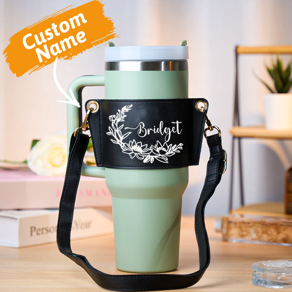 Personalized Floral Pattern Water Bottle Carrier Bag with Adjustable Strap for 40oz Stanley Tumbler Gift for Her