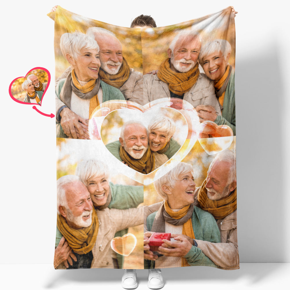 Custom Heart Shaped Photos Blanket Personalized Five Photos Blankets Best Valentine's Day Gift for Old Couple Anniversary Gift