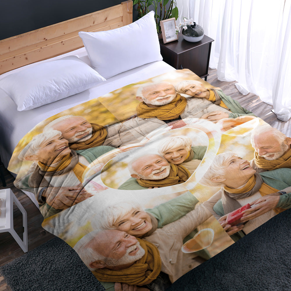 Custom Heart Shaped Photos Blanket Personalized Five Photos Blankets Best Valentine's Day Gift for Old Couple Anniversary Gift