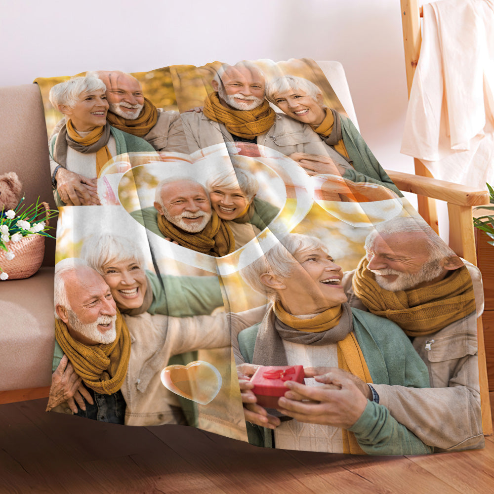 Custom Heart Shaped Photos Blanket Personalized Five Photos Blankets Best Valentine's Day Gift for Old Couple Anniversary Gift