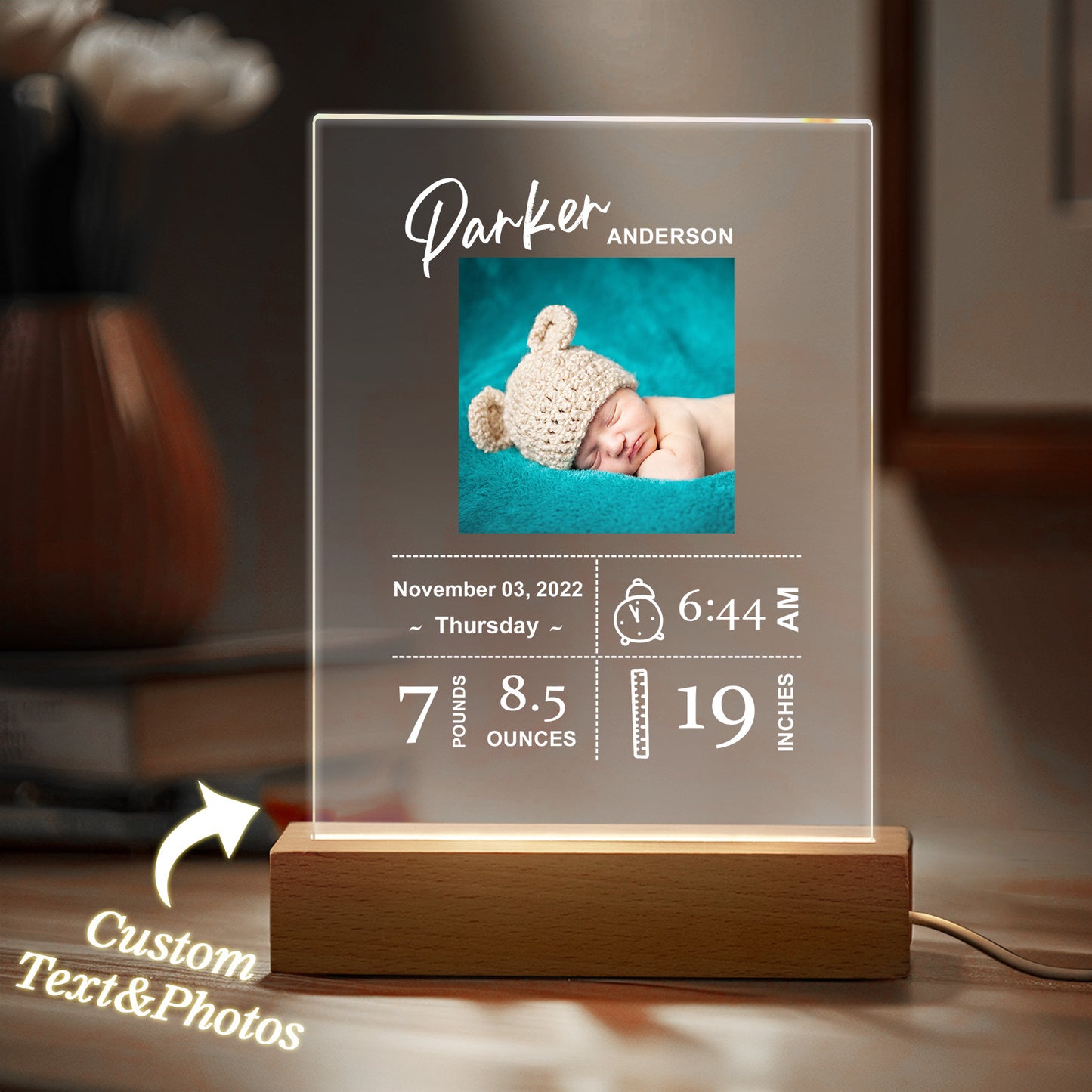 Custom Baby Birth Info Night Light – Personalized Photo Acrylic Lamp Newborn Keepsake Gift & Home Decor