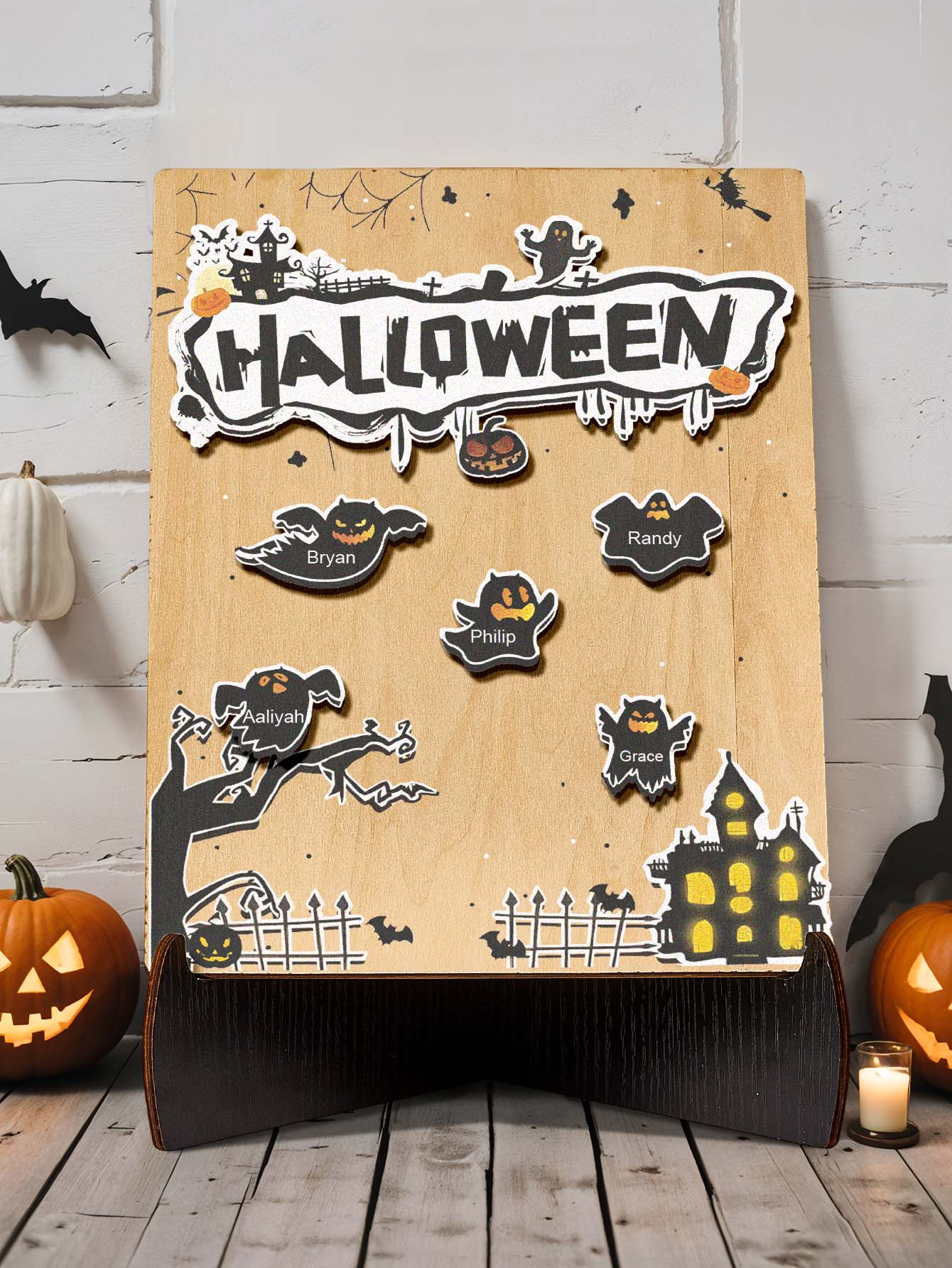Personalized Hallowmas Wooden Ornament with Name Ghost Plaque for Halloween Gift