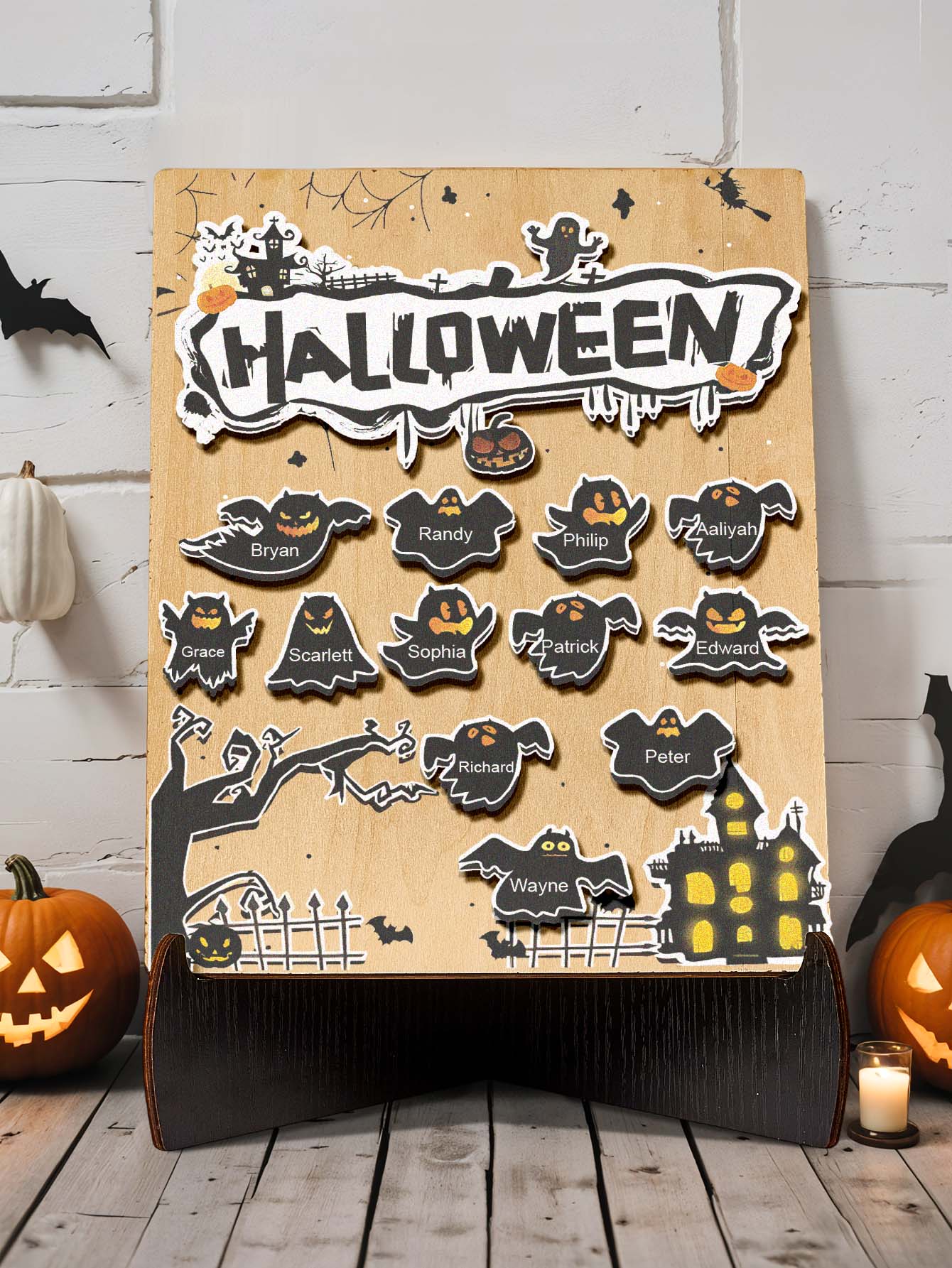 Personalized Hallowmas Wooden Ornament with Name Ghost Plaque for Halloween Gift