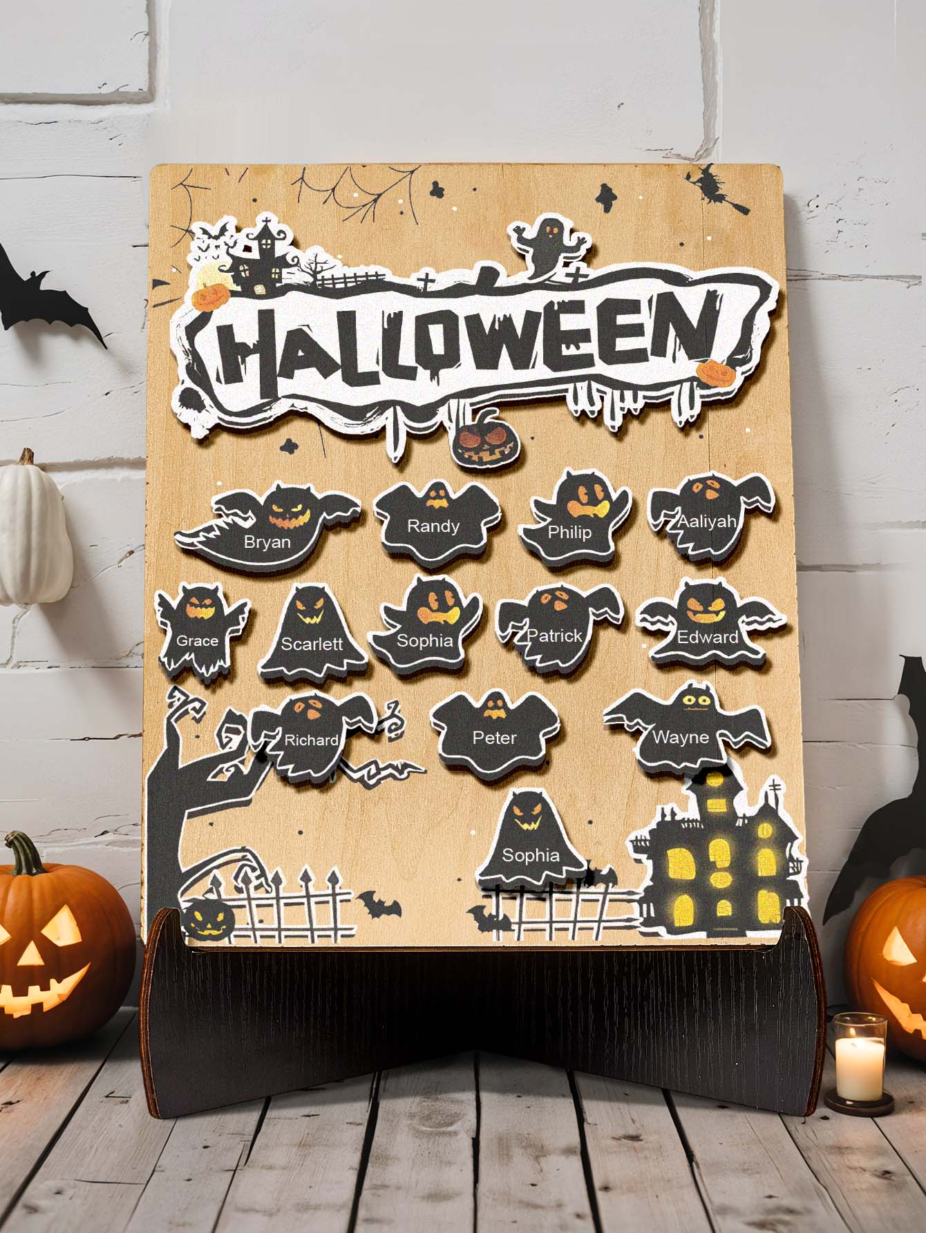 Personalized Hallowmas Wooden Ornament with Name Ghost Plaque for Halloween Gift