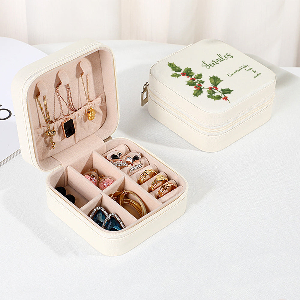 Personalized Birth Flower PU Leather Jewelry Box Bridesmaid Gift for Her