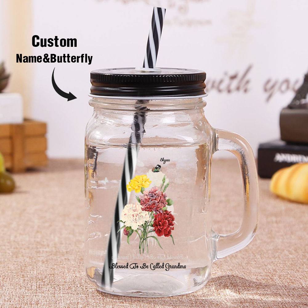 Personalized Birth Butterfly Bouquet Mason Jar with Handle Lid and Straw Birthday Gift for Mom Grandma