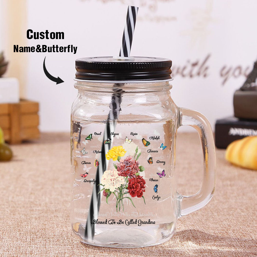 Personalized Birth Butterfly Bouquet Mason Jar with Handle Lid and Straw Birthday Gift for Mom Grandma
