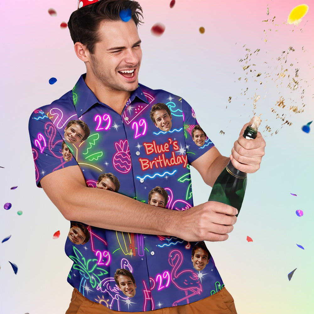 Custom Neon Birthday Party Hawaiian Shirt Personalized Age & Text, Tropical Flamingo Pineapple Coconut Tree Theme