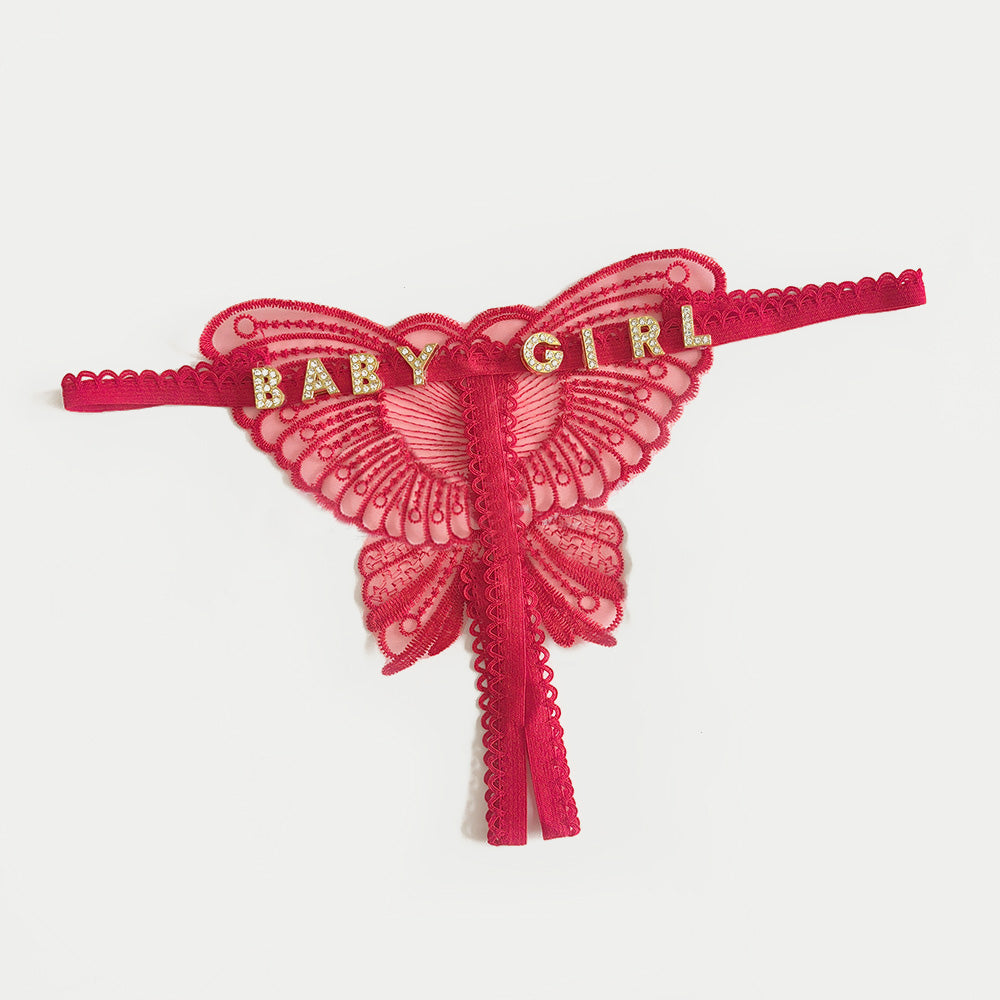 Custom Lace Hollow Butterfly Sexy Low Waist Pantie with jewelry Crystal Letter Name Open Cut Thong Women's Underwear Valentines Gift