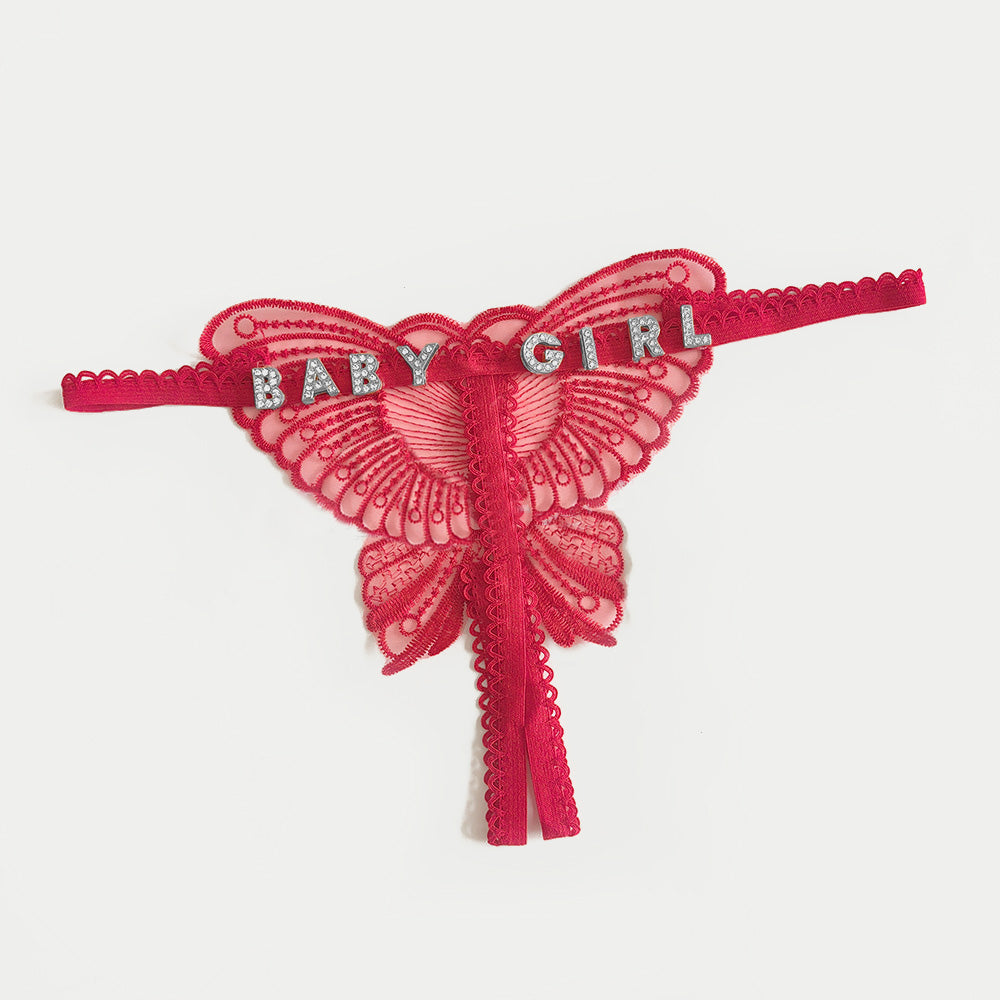 Custom Lace Hollow Butterfly Sexy Low Waist Pantie with jewelry Crystal Letter Name Open Cut Thong Women's Underwear Valentines Gift