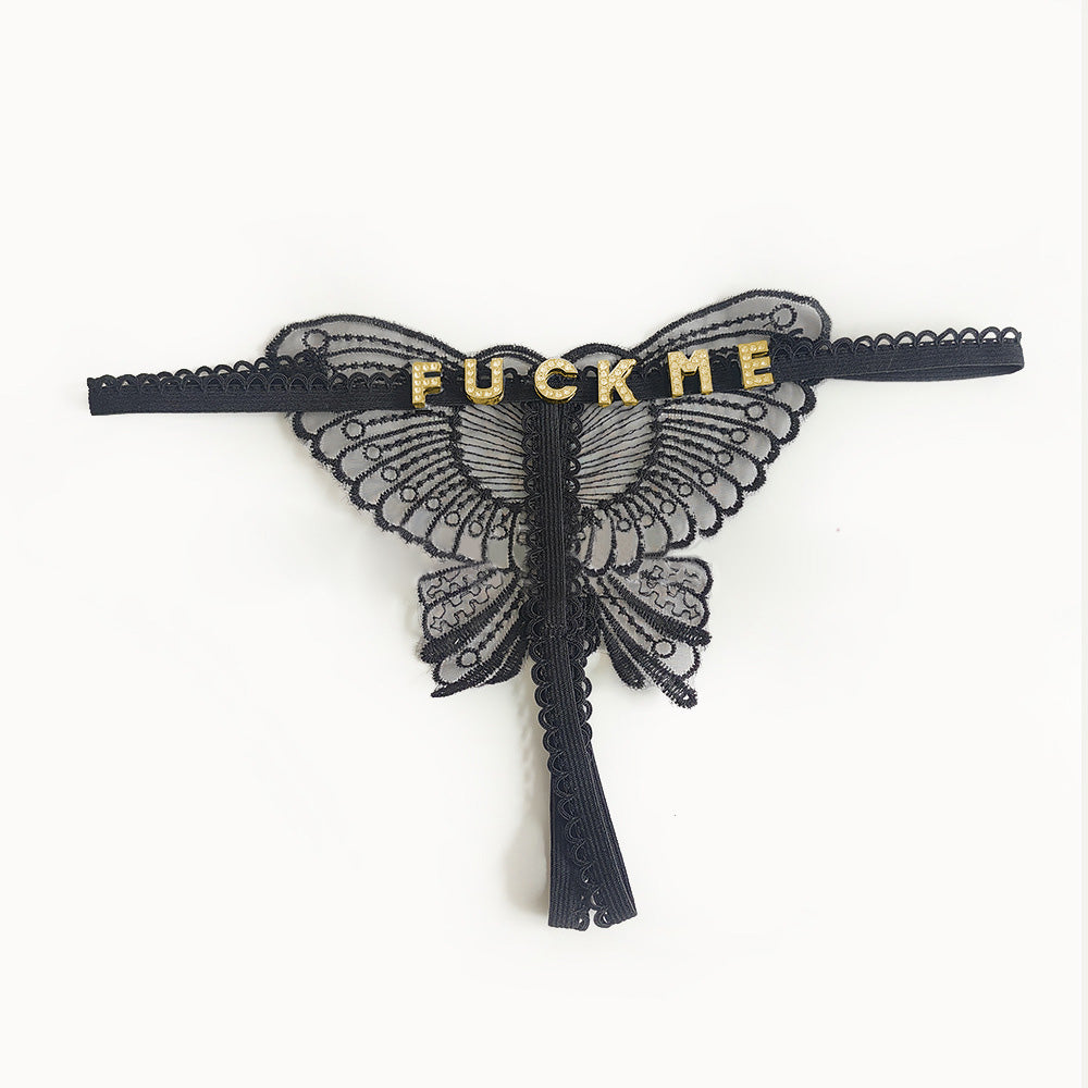 Custom Lace Hollow Butterfly Sexy Low Waist Pantie with jewelry Crystal Letter Name Open Cut Thong Women's Underwear Valentines Gift