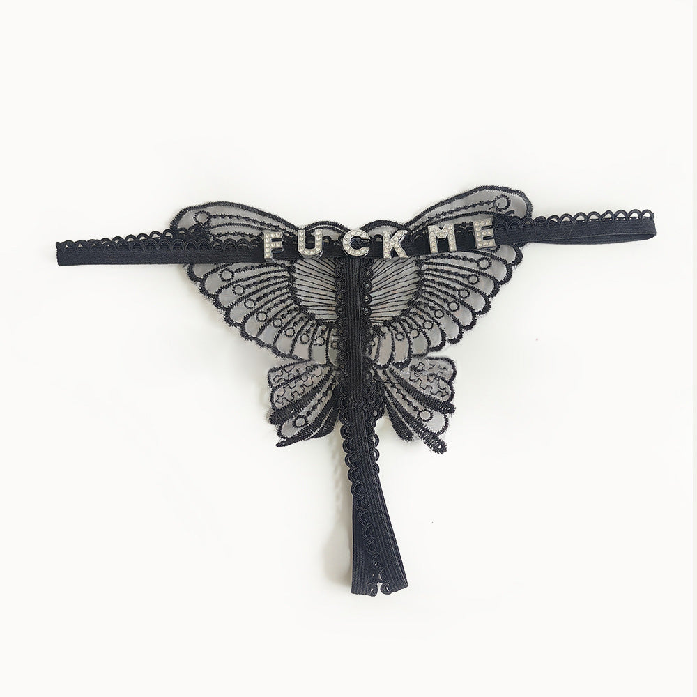 Custom Lace Hollow Butterfly Sexy Low Waist Pantie with jewelry Crystal Letter Name Open Cut Thong Women's Underwear Valentines Gift