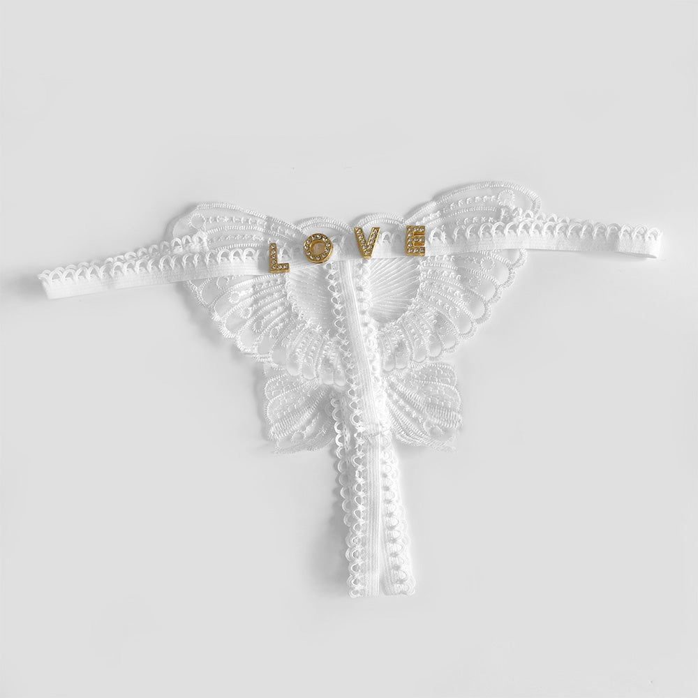 Custom Lace Hollow Butterfly Sexy Low Waist Pantie with jewelry Crystal Letter Name Open Cut Thong Women's Underwear Valentines Gift