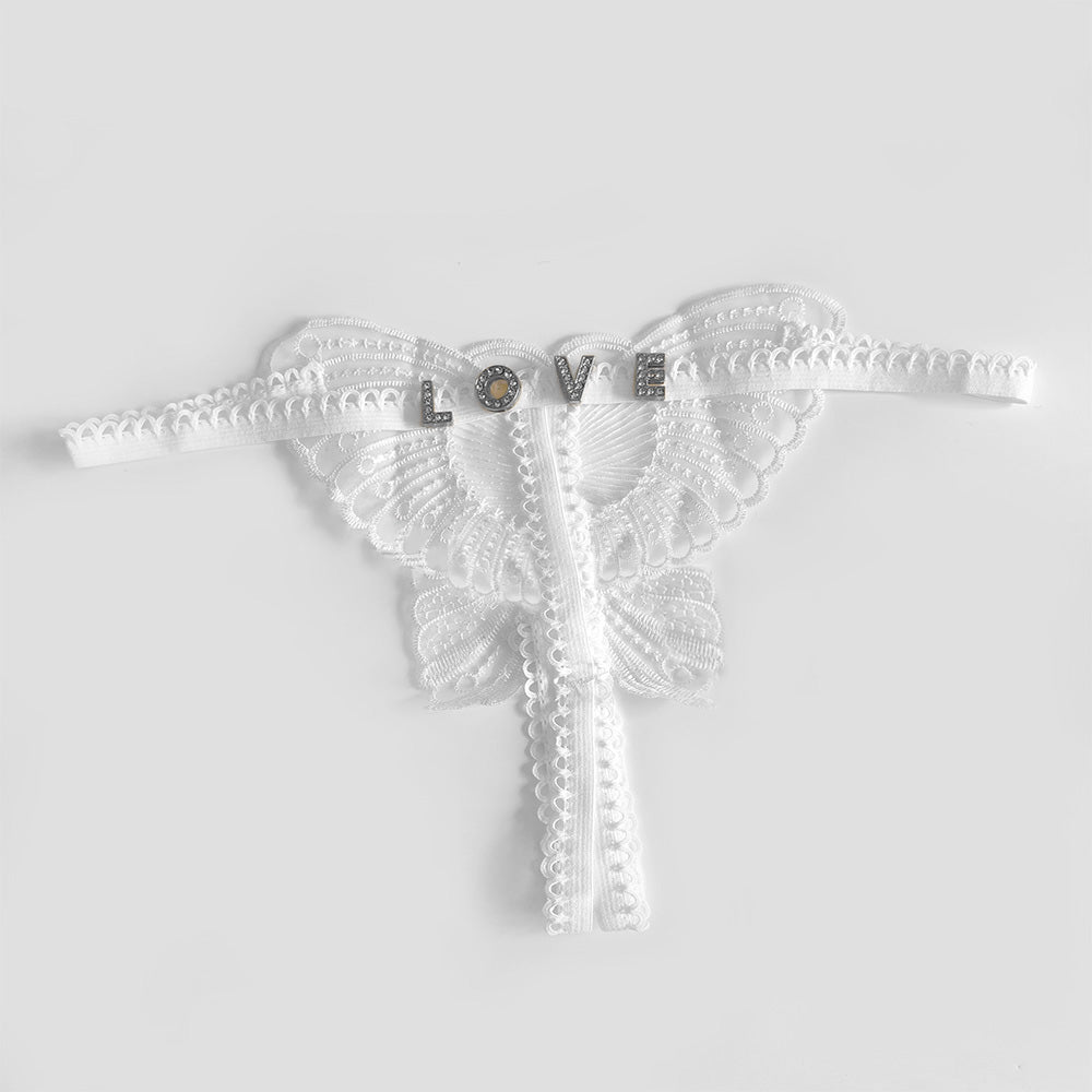 Custom Lace Hollow Butterfly Sexy Low Waist Pantie with jewelry Crystal Letter Name Open Cut Thong Women's Underwear Valentines Gift