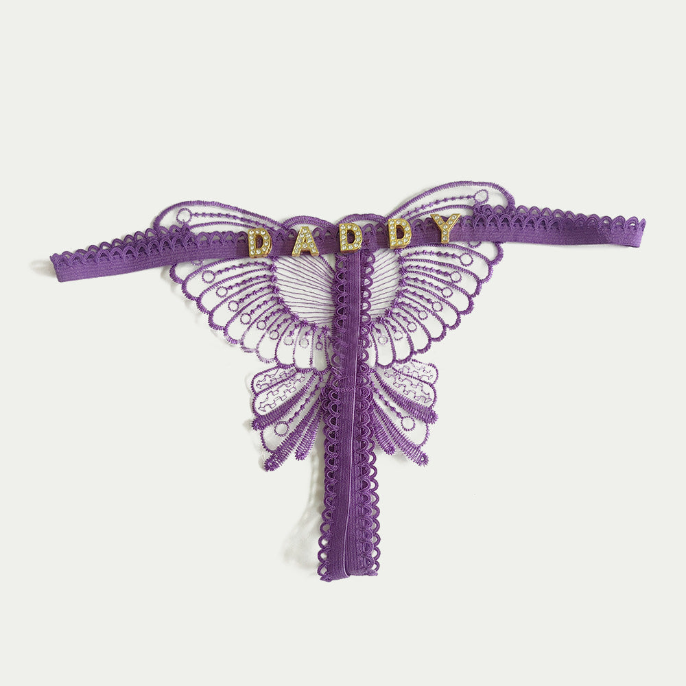 Custom Lace Hollow Butterfly Sexy Low Waist Pantie with jewelry Crystal Letter Name Open Cut Thong Women's Underwear Valentines Gift